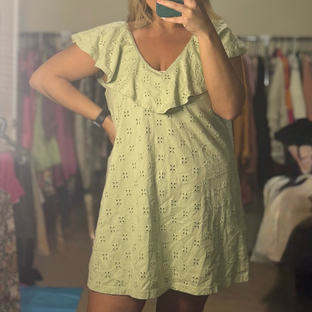 ASOS Design green eyelet peasant A-line mini dress